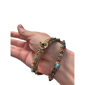 Boho Southwestern Cuff Bracelet Lot Turquoise Coral Style Antique Gold Festival